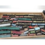 A box containing 11 00 scale Coaches, 5pc SR Electric Train and 30 Wagons