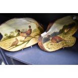 Two hand-painted transverse wood sections, decorated with pheasants in naturalistic settings, signed