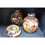A pair of reproduction Chinese ginger jars & lidded dish, decorated in the Satsuma style