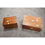 Two late 19th/early 20th century mahogany boxes one having inlaid detail and MOP escutcheon, the