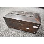 A late Victorian Mother-of-pearl inlaid rosewood tea caddy, of sarcophagus form with ring handles to