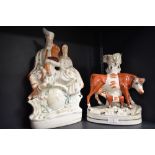 A Victorian Staffordshire pottery flatback figure group 'Robby Burns & Mary' together with a cow