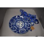 A blue and white transfer pattern Japanese charger having repeat floral and motif pattern sold