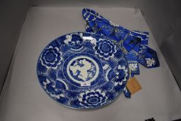 A blue and white transfer pattern Japanese charger having repeat floral and motif pattern sold