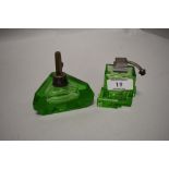Two art deco green pressed glass perfume atomisers.