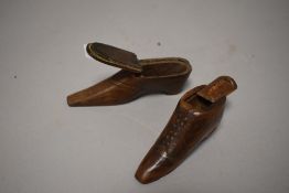 Two late Georgian carved snuff boxes in the form of boots.