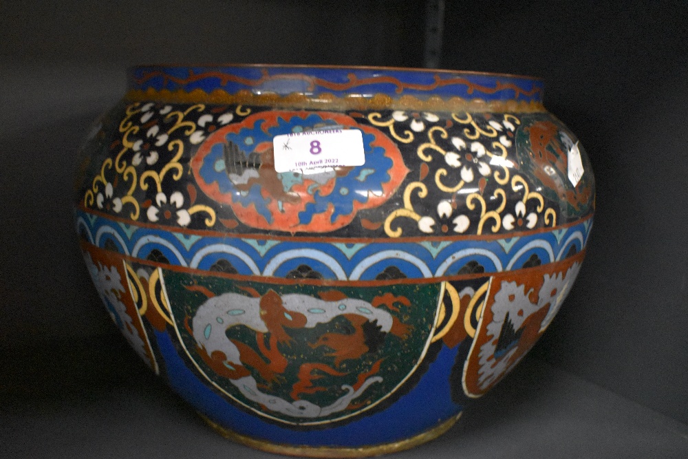 A large Japanese cloisonne fish bowl or planter having blue and green ground with phoenix and dragon