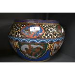 A large Japanese cloisonne fish bowl or planter having blue and green ground with phoenix and dragon