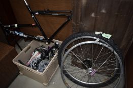 A Specialized bike frame and box of assorted parts including wheels, seat, cranks etc