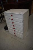 A small painted pine vintage chest , filing or tool type drawers, width approx. 46cm