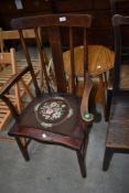 An Edwardian and inlaid carver chair with woolwork seat