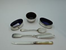 A selection of HM silver including a pair of salts of boat form having blue glass liners (AF), a