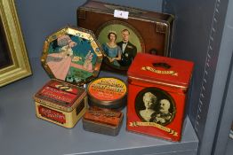 A selection of 20th century transfer printed advertising tins including Royal interest