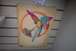 An original gouache on board of a macaw parrot and exotic butterfly indistinctly signed