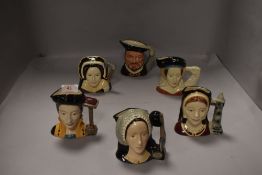 A group of six Royal Doulton character jugs, Henry VIII and five wives