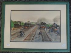 A watercolour, A C Mayor, Morning at Polmadic, Royal Scot railway interest, 22 x 35cm, plus frame