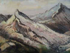 An oil painting, Margaret Bacon, Mountains Elba, signed and attributed verso, 45 x 91cm