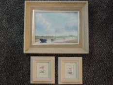 An oil painting on board, R S Hales, estuary view, signed, 14 x 19cm, plus frame and a pair of
