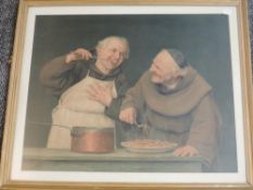 A print, Pears, monks cooking, 47 x 57cm, plus frame and glazed