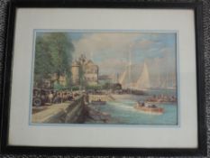 A print, textured, after C E Turner, vintage Cowes regetta, 24 x 37cm, plus frame and glazed