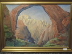 An oil painting on board, Meta Meston, Rainbow Arch Arizona, signed and dated 2002, 45 x 67cm,