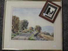 A watercolour, Dale Berry, country lane, signed, 31 x 40cm, and a Ltd Ed print, piano player, signed