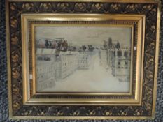 A watercolour, Continental townscape, indistinctly signed, 14 x 20cm, plus frame and glazed