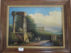 An oil painting on board, religious pilgrimage, 19th century, 20 x 27cm, plus frame