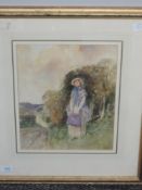 A watercolour, Stephen Reid, Bonnet lady on country lane, signed, 30 x 24cm, plus frame and glazed
