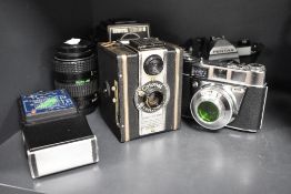 A selection of vintage cameras and lenses including Pronto-LK ,cornonet twelve-20, and Lubitel