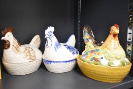 Three mid century egg dishes in the form of hens, two marked for Price Kensington.