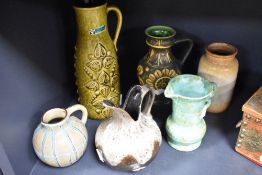 Four mid century West German vases and two similar styled pieces, one marked Wadeheath England.