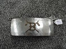 A white metal fronted Officers Pouch with Crossed Lances and number 13 badge on front, possibly