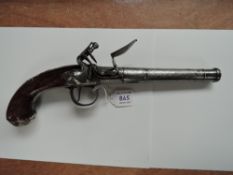 A Cannon Barrelled Flintlock Pistol by Collumbell London, proof marks under barrel, white metal