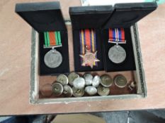 Three WW2 Medals, Defence, War and Burma Star all to 53381119 Pte AR Williams, two 9ct studs and