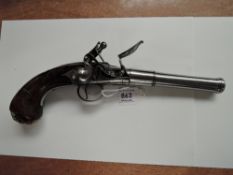 A Cannon Barrelled Flintlock Pistol by W.Turvey London, highly decorated butt & white metal face