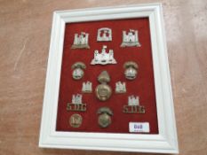 A framed display of 13 Inniskilling Cap Badges, Collar Badges and Shoulder Titles