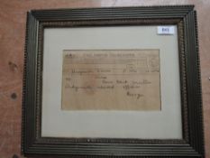A framed and glazed Telegram dated Montrose March 1st 1900 to Wills the Town Clerk Montrose