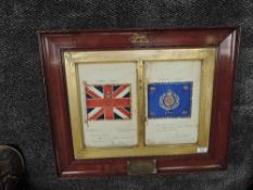 A framed and glazed watercolour of The Kings Own Regiment Kings Colour & Regimental Colour 1909