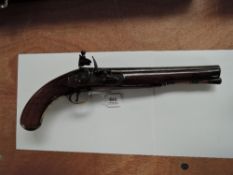 A Flintlock Pistol by P Bond London, proof marks on side of barrel, brass trigger guard & butt
