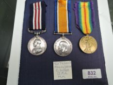 A Military Medal WW1 Trio, Military Medal, British War Medal and Victory Medal to 82178 GNR.F.M.