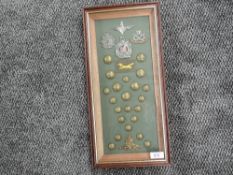 A framed and glazed display case of Cap Badges and Buttons, badges comprising of Parachute Regiment,