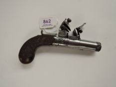 A Flintlock Pocket Pistol by H.Nock London with engraved muzzle tip & box sides, chequered grip,