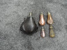 A collection of Five Shot/Powder Flasks, large leather & brass, two small plain copper & brass,