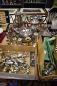 A good collection of pewter and silver plated tea wares including candle sticks and cruet