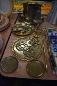 A selection of brass hardware including toasting forks and a large quart measure pewter tankerd