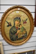 A gilt framed orthadox catholic church print of Madonna and child with map print