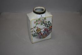 A ceramic Chinese style tea canister having decorated transfer print design