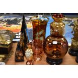 A selection of art glass and ceramics by Carrol Swan, including etched bowl vase and brandy glass