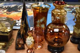 A selection of art glass and ceramics by Carrol Swan, including etched bowl vase and brandy glass